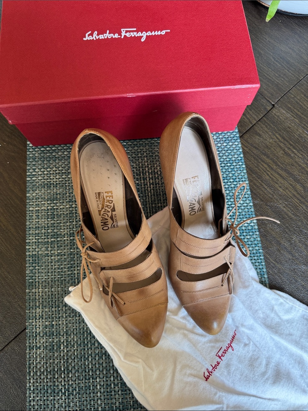 Salvatore Ferragamo Brown Leather Lace-Up Pointed Toe Heels